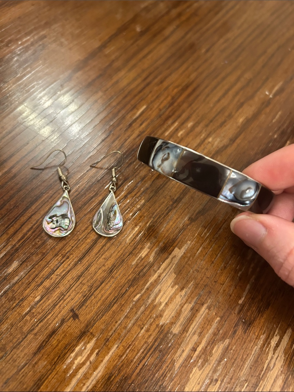Abalone Shell Teardrop Earrings and Bangle Set - Iridescent